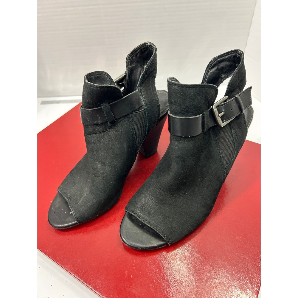 Franco Sarto Neo Booties 6.5 Black Leather Peep Toe Slingback Buckle Heels